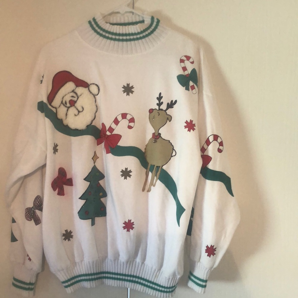 VTG fall stand collar Y2k artsy Christmas Santa Reindeer ribbed sweater - Picture 4 of 13